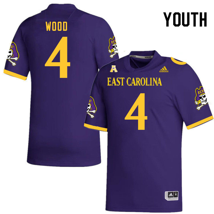 Youth #4 Julius Wood ECU Pirates 2023 College Football Jerseys Stitched-Purple - Click Image to Close